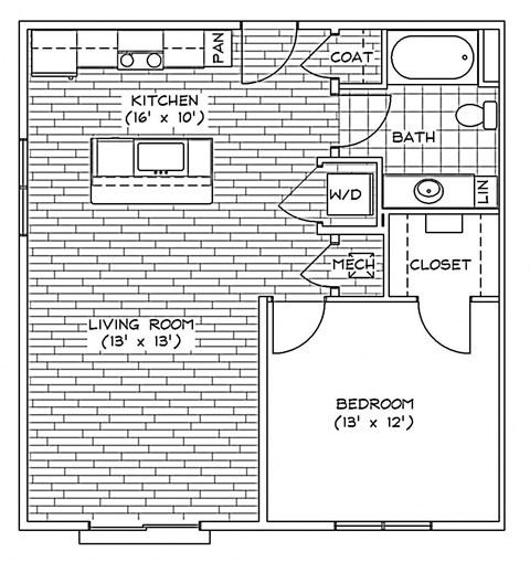 Floor plan for 1 bed, 1 bath, 747 sqft